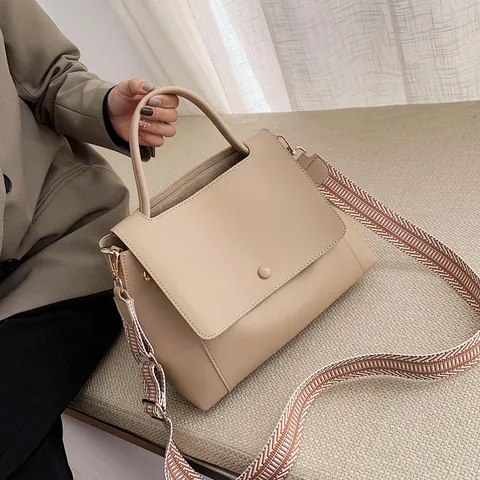 Mode PU Leder Handtasche Für Damen Große Kapazität Schultertasche Mit Breitem Webband Retro Umhängetasche Für Den Alltag