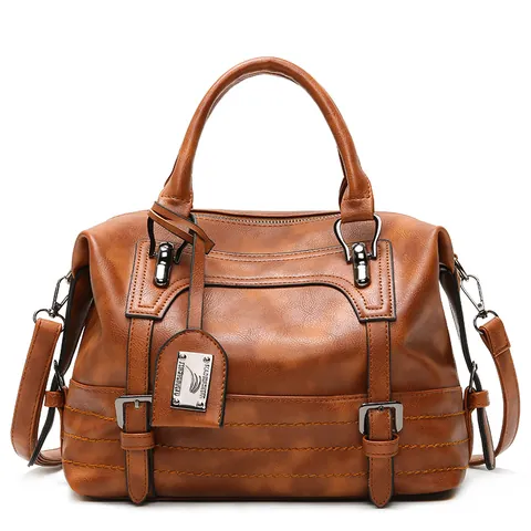 Women Vintage PU Leather Boston Handbag Lychee Pattern Top Handle Bag Large Capacity Shoulder Crossbody Bag For Daily Work