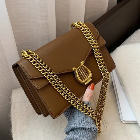 Borsa a Tracolla Vintage in Pelle PU da Donna Con Chiusura a Lira Dorata Tracolla a Catena Elegante Stile Fisarmonica per Uso Quotidiano