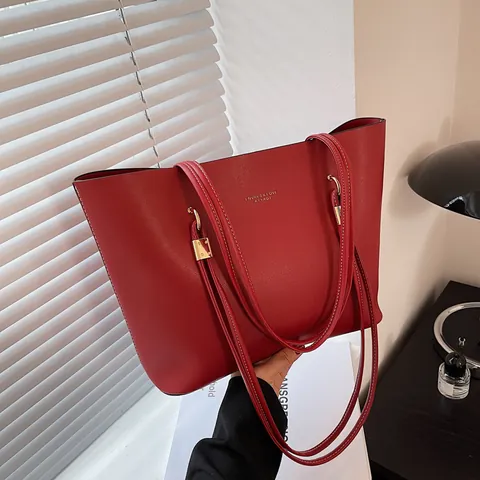 Bolso Tote de Cuero PU de Gran Capacidad para Mujer Bolso de Hombro Minimalista de Color Sólido Con Herrajes Dorados