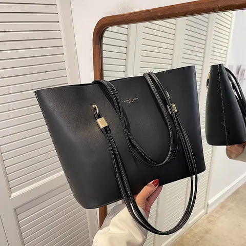 Bolso Tote de Cuero PU de Gran Capacidad para Mujer Bolso de Hombro Minimalista de Color Sólido Con Herrajes Dorados