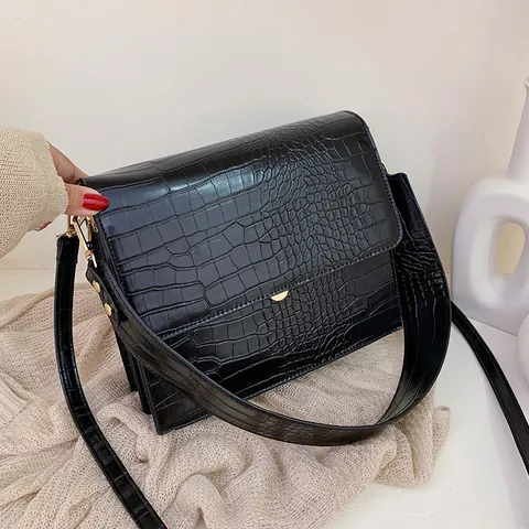 Dames Krokodillenpatroon PU Leer Schoudertas Brede Riem Goud Hardware Flap Vierkante Crossbody Tas Retro Elegant Messenger