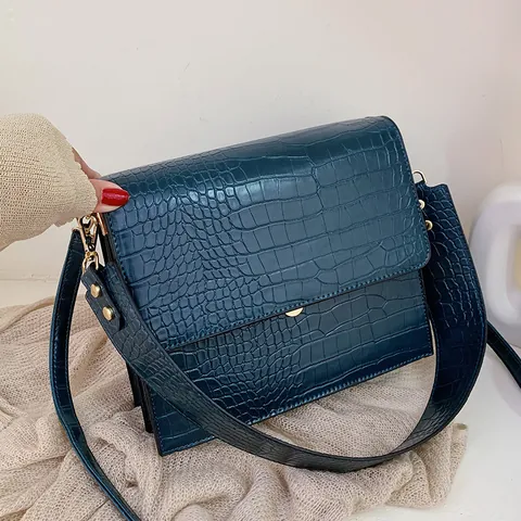 Dames Krokodillenpatroon PU Leer Schoudertas Brede Riem Goud Hardware Flap Vierkante Crossbody Tas Retro Elegant Messenger
