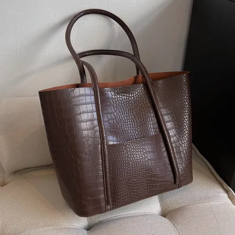 Women Large Tote Bag And Pouch Crocodile Pattern PU Leather Shoulder Bag Urban Minimalist Handbag Trendy Commuter Bag