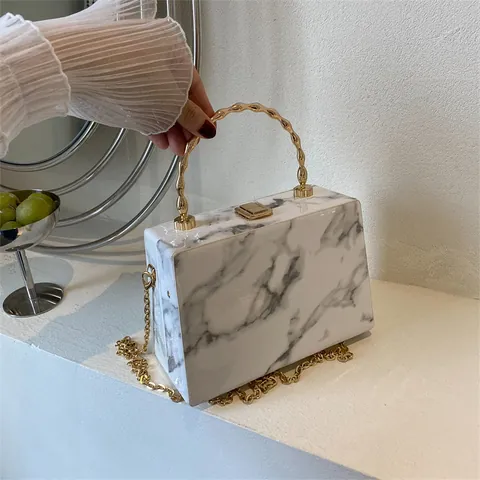 Marble Pattern Hard Shell Box Clutch Bag Gold Bamboo Metal Handle Chain Strap PU Leather Women Evening Crossbody Bag