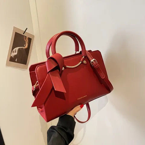 Women Bowknot PU Leather Handbag Structured Tote Bag Golden Metal Handle Elegant Crossbody Shoulder Bag For Wedding Party