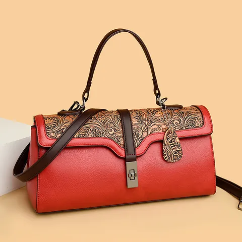 Damen Vintage Blumenrelief PU Leder Handtasche Retro Kontrastfarbe Umhängetasche Große Kapazität Tote Crossbody Tasche