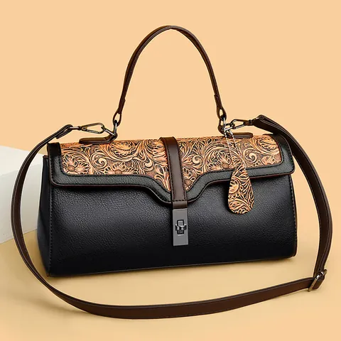 Damen Vintage Blumenrelief PU Leder Handtasche Retro Kontrastfarbe Umhängetasche Große Kapazität Tote Crossbody Tasche