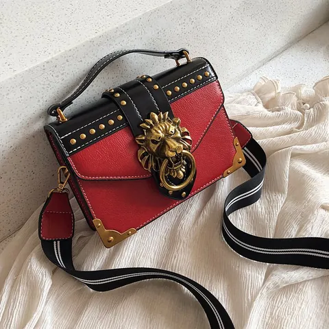 Borsa Quadrata Vintage Donna in Pelle PU Con Fibbia a Testa di Leone Rivetti Oro Tracolla a Strisce Borsa a Spalla