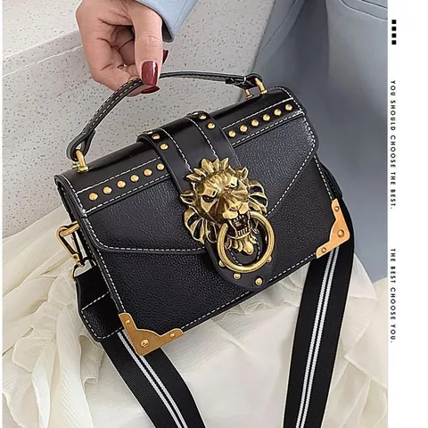 Borsa Quadrata Vintage Donna in Pelle PU Con Fibbia a Testa di Leone Rivetti Oro Tracolla a Strisce Borsa a Spalla