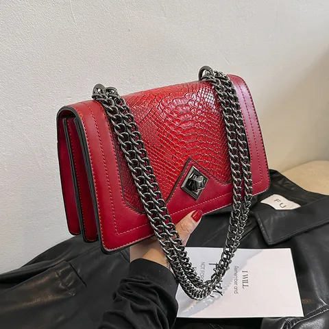 Vintage PU Leder Dierenstructuur Crossbody Tas Voor Vrouwen Metalen Ketting Riem Geometrisch Slot Schoudertas Mode Handtas