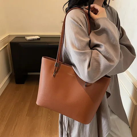 Women Large Capacity PU Leather Tote Bag Vintage Litchi Texture Shoulder Bag Casual Commuter Handbag Solid Color Style