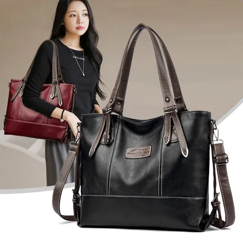 Women Large Capacity PU Leather Tote Bag Contrast Stitching Shoulder Handbag Commuter Office Retro Bag With Detachable Strap