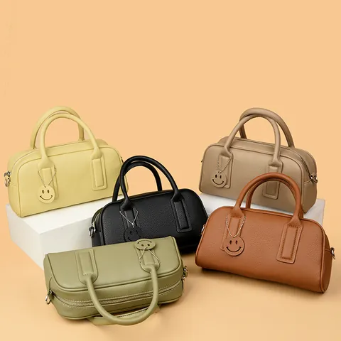 Women Litchi Pattern PU Leather Boston Bag Vintage Top Handle Handbag With Smiley Charm Detachable Strap Crossbody Pillow Bag