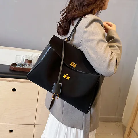Women Faux Suede PU Leather Tote Bag Large Capacity Shoulder Bag With Gold Twist Lock Fashion Office Commuting Handbag