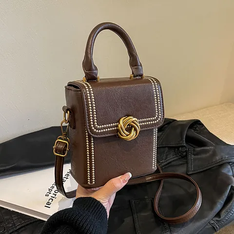 Borsa a Tracolla Quadrata in Pelle PU Vintage per Donna Borsa a Mano con Fibbia in Metallo Intrecciato e Borchie Casual