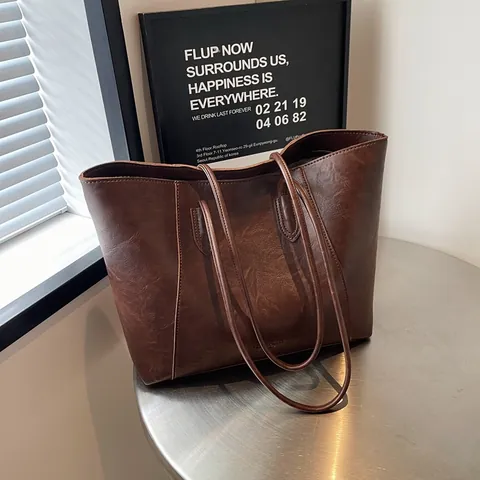 Women Large Capacity Tote Bag Vintage PU Leather Shoulder Bag Urban Minimalist Commuting Handbag Solid Color Underarm Bag