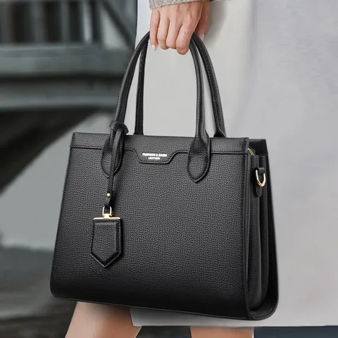 Women's Large Capacity Lychee Pattern PU Leather Tote Bag Vintage Solid Color Handbag Shoulder Crossbody Bag With Strap