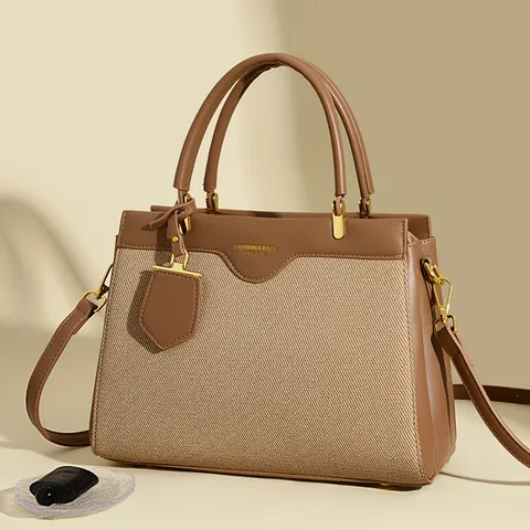 Women Fashion Handbag Large Capacity Splicing PU Leather Woven Fabric Shoulder Bag Simple Commute Tote Purse Golden Hardware