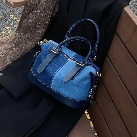 Bolso Boston de Denim Patchwork para Mujer Bloque de Color Bolso de Mano Vintage de Hombro Bandolera Con Asa Superior Herrajes Dorados
