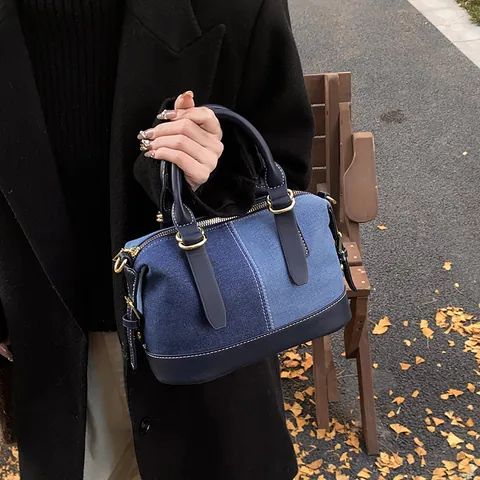 Bolso Boston de Denim Patchwork para Mujer Bloque de Color Bolso de Mano Vintage de Hombro Bandolera Con Asa Superior Herrajes Dorados