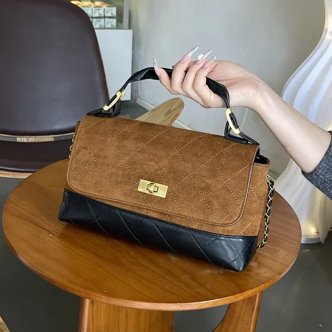 Bolso de Hombro Acolchado Retro para Mujer Cuero PU Efecto Gamuza Color Block Correa de Cadena Cierre Metálico Bolso Bandolera