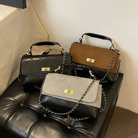Bolso de Hombro Acolchado Retro para Mujer Cuero PU Efecto Gamuza Color Block Correa de Cadena Cierre Metálico Bolso Bandolera