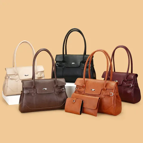 Sac à Main en Cuir PU pour Femmes de Grande Capacité Avec Pochette et Portefeuille Motif Litchi Sac à Bandoulière de Navette Élégant Fourre-Tout