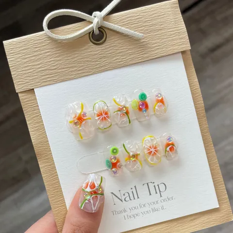 Uñas Postizas 3D Hechas A Mano Con Diseños De Frutas De Verano Limón Lima Naranja Strass Y Relieve De Gel Transparente Para Mujer