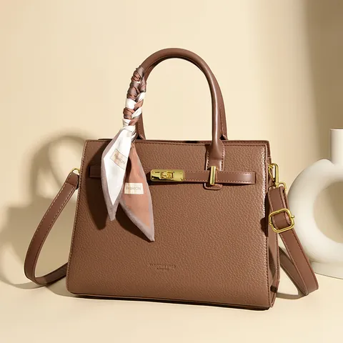 Women Elegant Litchi Grain Leather Handbag With Silk Scarf Designer Style Top Handle Bag Shoulder Crossbody Satchel With Gold Lock