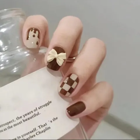 Handmade Brown Checkerboard Press On Nails Chocolate Theme UV Gel Almond Shape Reusable False Nails With 3D Bow Decor