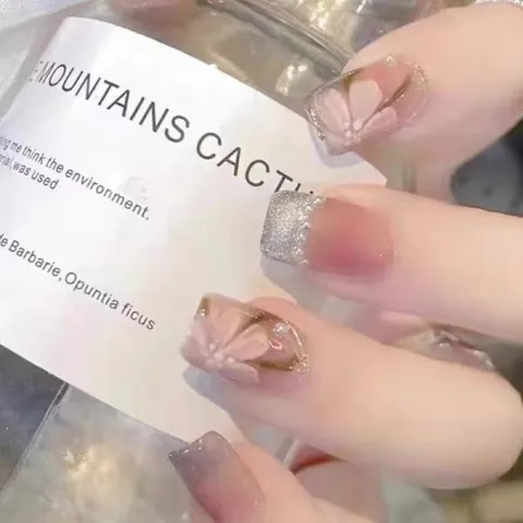 Handmade Fashion Press On Nails 3D Camellia Flower Butterfly Heart Pink Gray Glitter Reusable False Nails For Women Manicure
