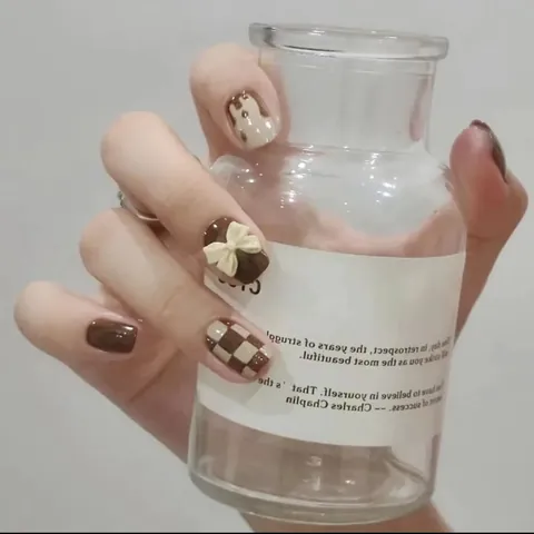 Handmade Brown Checkerboard Press On Nails Chocolate Theme UV Gel Almond Shape Reusable False Nails With 3D Bow Decor