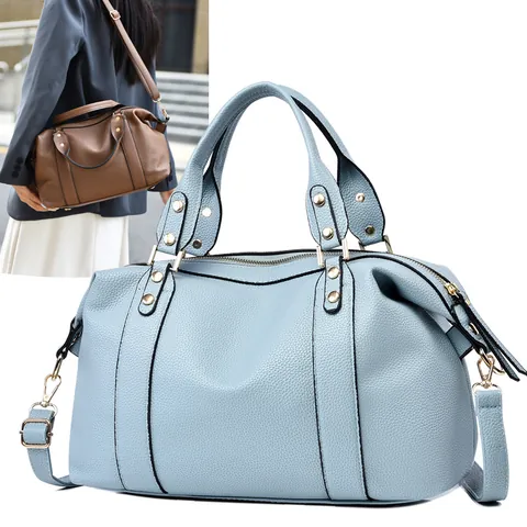 Sac Boston pour Femmes en Cuir PU Motif Litchi Grande Capacité Sac à Main Vintage Décor de Rivets Sac à Bandoulière Quotidien