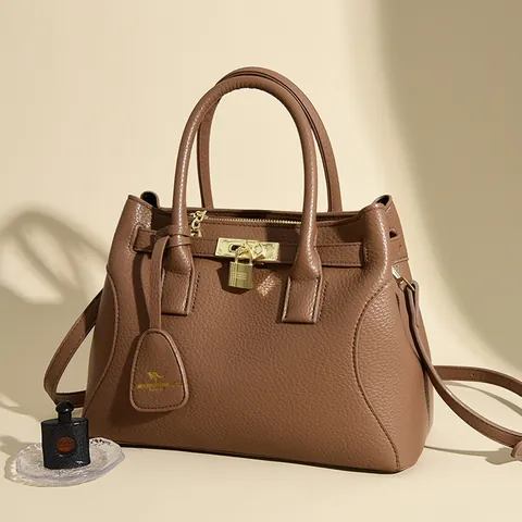 Sac à Main Femme Grande Capacité en Cuir PU Avec Serrure Dorée Motif Litchi Sac à Bandoulière Style Bureau Navette