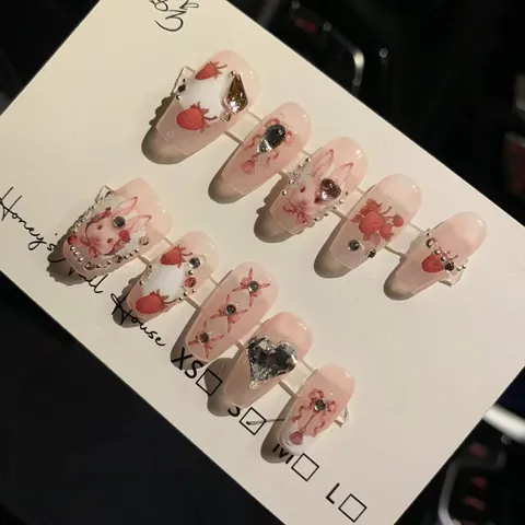 Handmade Pink Gradient Press On Nails Alice In Wonderland Theme Rabbit Strawberry Bowknot Design 3D Rhinestone Pearl Reusable False Nails For Women