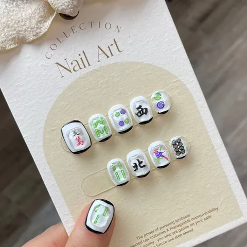 Uñas Postizas Hechas a Mano con Tema Mahjong Al Relieve 3D Carácter Chino Manicura Reutilizable para Mujeres Estudiantes