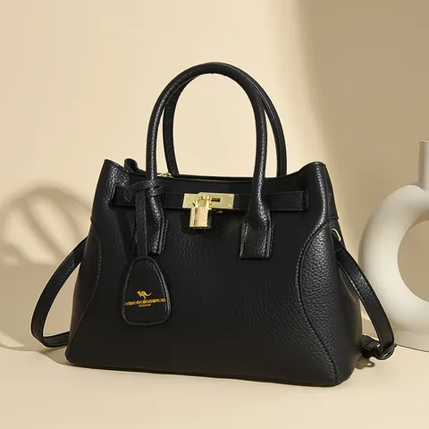 Sac à Main Femme Grande Capacité en Cuir PU Avec Serrure Dorée Motif Litchi Sac à Bandoulière Style Bureau Navette