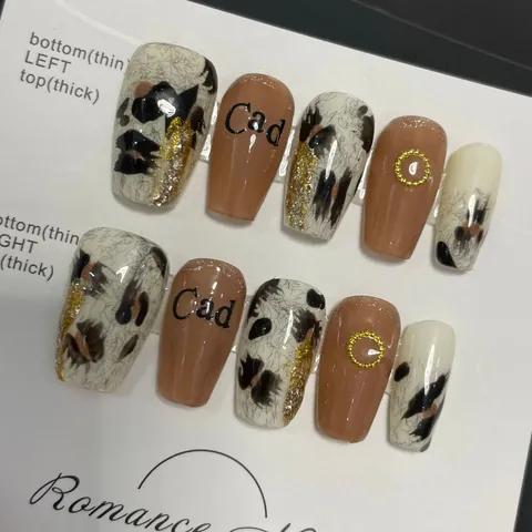 Uñas Postizas Hechas a Mano Estampado Leopardo Gris Mate Brillante Mixtas Forma Ataúd Con Decoración Strass Metal Mujer