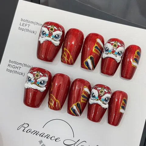 Handmade Red Chinese Style Lion Dance Press On Nails 3D Relief Glitter Festive Luxury Fake Nails For Women Nail Art
