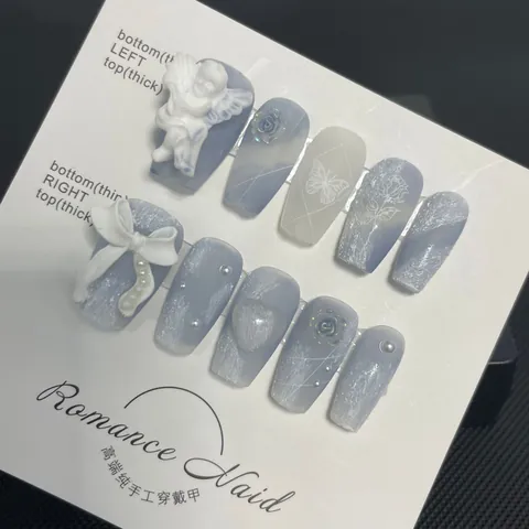 Uñas Postizas Hechas a Mano Degradado Azul Bruma Diseño Ángel Rosa 3D Romántico Mate Uñas Falsas Para Mujer Decoración Fiesta