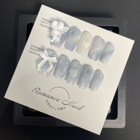 Uñas Postizas Hechas a Mano Degradado Azul Bruma Diseño Ángel Rosa 3D Romántico Mate Uñas Falsas Para Mujer Decoración Fiesta