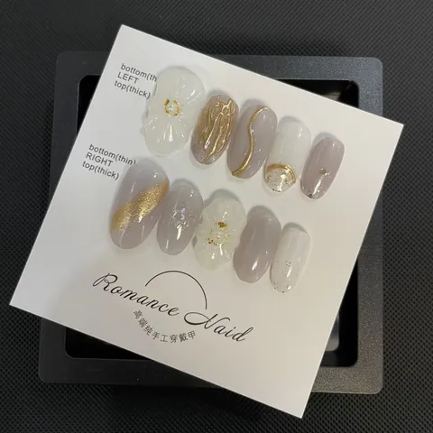 Handmade Japanese Ins Style Press On Nails 3D Floral Gold Foil Pearls Elegant False Nails For Women Daily Decor Enhancement