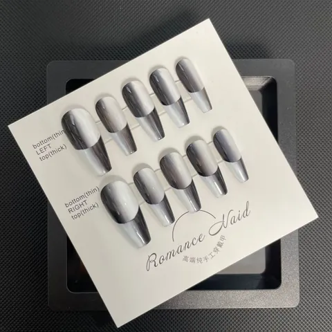 Faux Ongles à Presser Faits Main Dégradé Noir Blanc French Long Cercueil Ongles Peints à la Main Kit Manucure