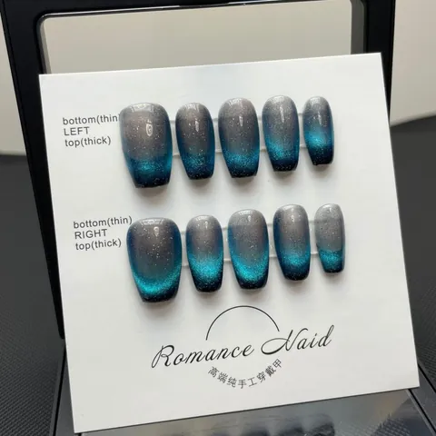 Handmade Dynamic Cat Eye Press On Nails Blue Grey Gradient Coffin Shape Glitter Fake Nails For Women Nail Art Decoration