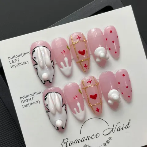 Handmade Press On Nails Pink 3D Rabbit Rococo Style Sweet Japanese Design Removable Fake Nails For Women Daily Manicure