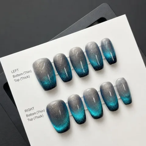 Handmade Dynamic Cat Eye Press On Nails Blue Grey Gradient Coffin Shape Glitter Fake Nails For Women Nail Art Decoration