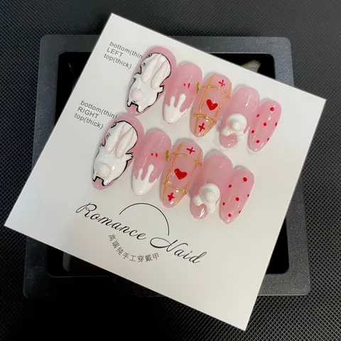 Handmade Press On Nails Pink 3D Rabbit Rococo Style Sweet Japanese Design Removable Fake Nails For Women Daily Manicure