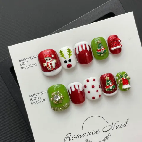 Handgefertigt Weihnachten Künstliche Nägel 3D Harz Schneemann Rentier Baum Strass Rot Grün Weiß Falsche Nägel Für Damen Party