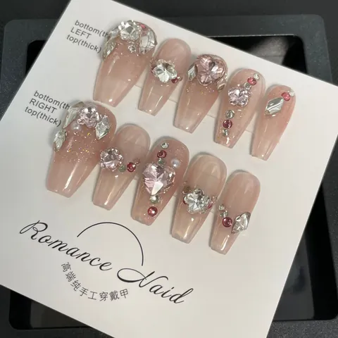 Handgemaakte Luxe Press On Nails Set Roze Zilver Gradiënt Gestapelde Strass Hart Ster Coffin Kunstnagels Voor Vrouwen Manicure